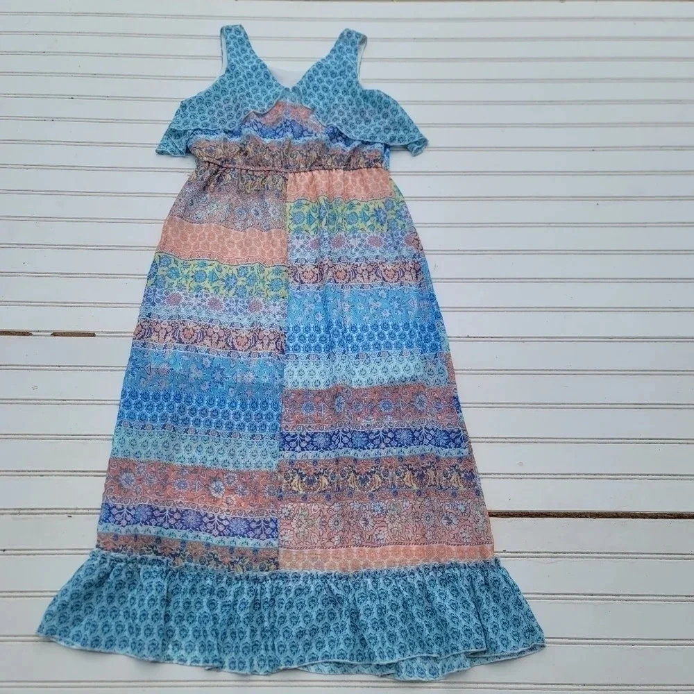 Zunie Girl Paisley Floral Maxi Ruffled Sleeve Long Dress Aqua Blue Peach Pink 12